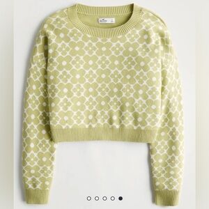 Hollister Light Green and White Floral Intarsia Cropped Easy Crew Sweater L